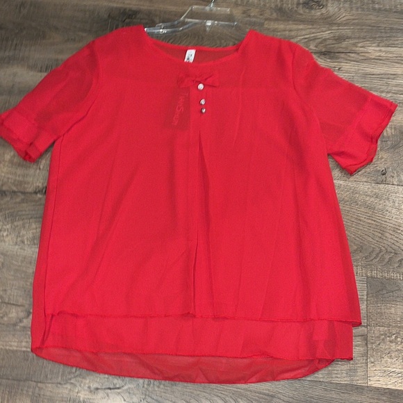 Coquette lolita RED chiffon SHEER blouse short flutter sleeves gem BOW TIE shirt - Picture 16 of 16